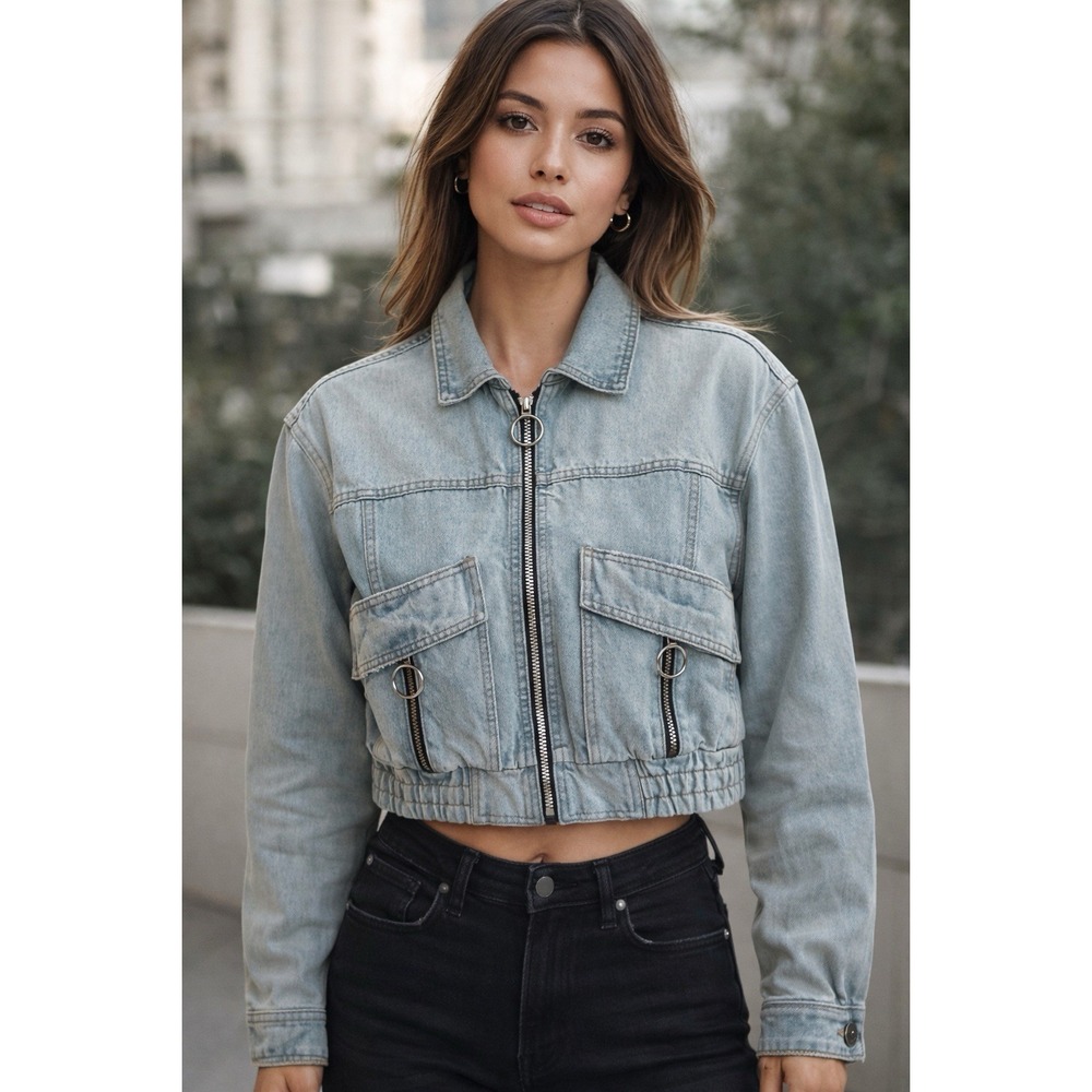 A|X‎ Armani Exchange Cropped Blue Denim Bomber Jacket Fancy Silver Zippers XS